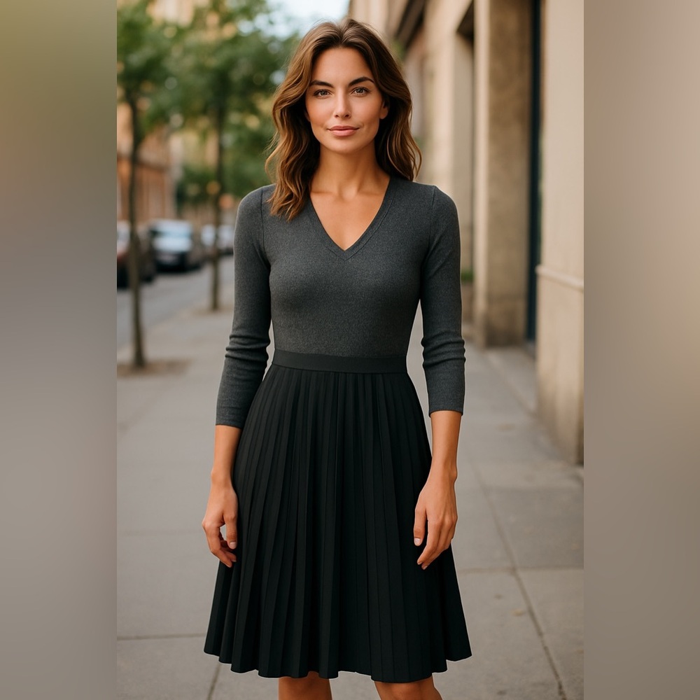 Escada ($1450USD) Black/Gray Textured L/S Pleated (lined) Dress